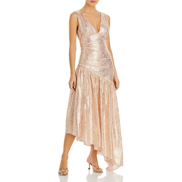 NEW! Ramy Brook- Betsy Metallic Asymmetrical Deep V Neck Dress Powder Pink 4 - Picture 1 of 11
